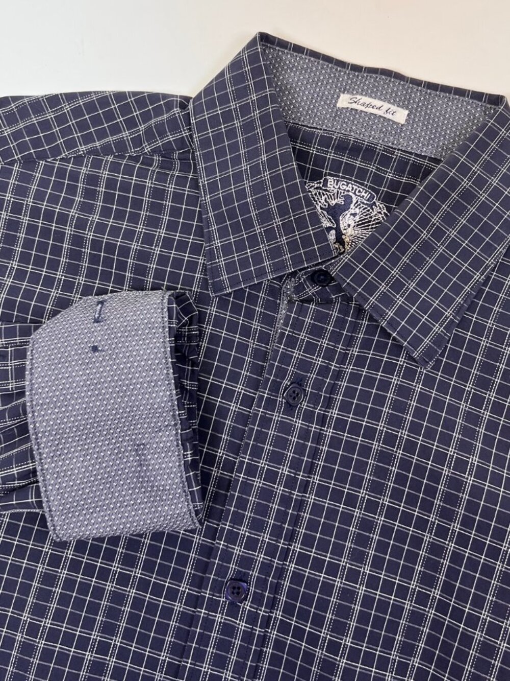 Bugatchi Mens M Shaped Fit Shirt Navy Blue Micro Check Flip Cuff Long Sleeve